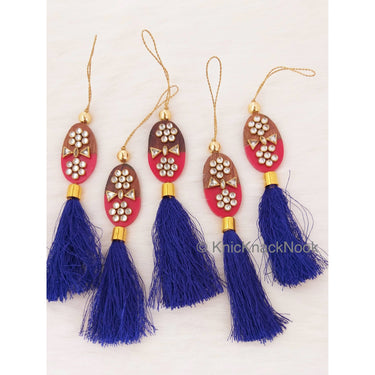 Pink / Blue Tassels With Red And Brown Wood Buttons With Kundan Stones, Indian Tassels, Wedding Supplies